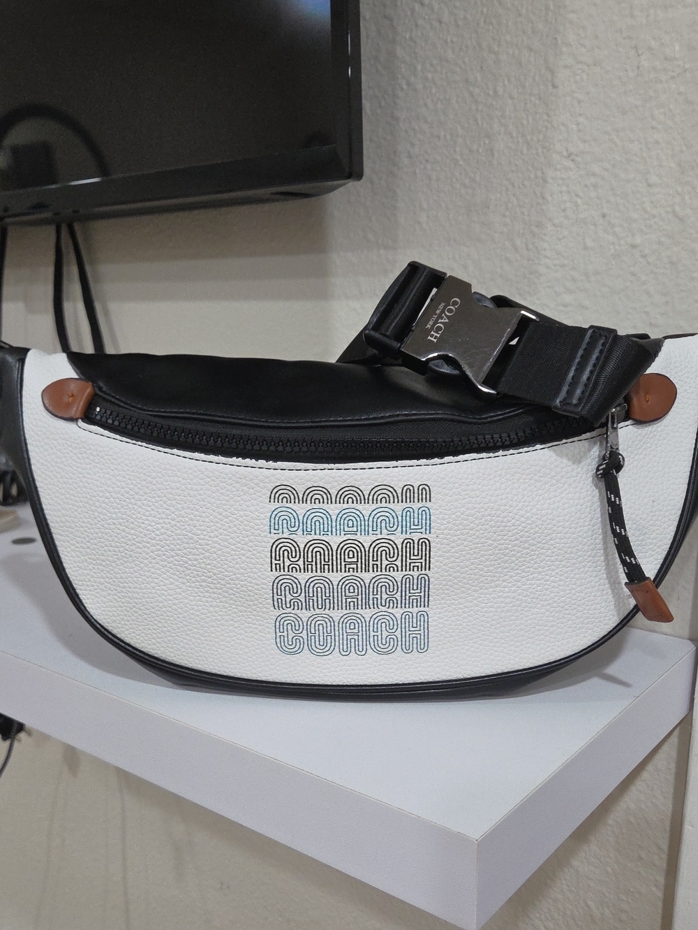 Coach White and Black Leather Logo Belt Bag with Brown Accents